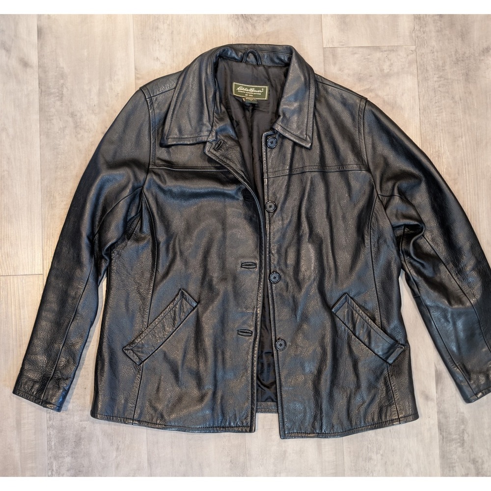 EDDIE BAUER - Women's Vintage Button-Up Black Leather Jacket - Size Large